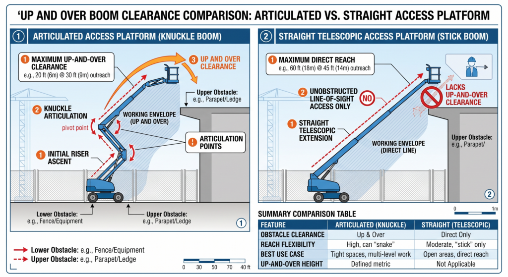 Graphic comparison illustrating up and over boom clearance of an articulated access platform versus a straight telescopic lift