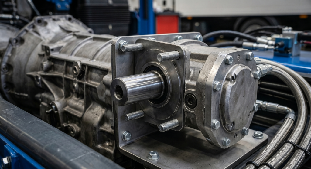 Close-up of a hydraulic pump attached to a truck transmission PTO shaft with ISO 4-bolt flange