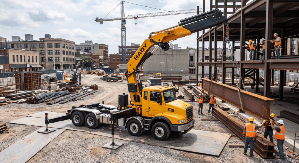 Hydraulic truck mounted crane lifting steel girders at a construction site with extended outriggers