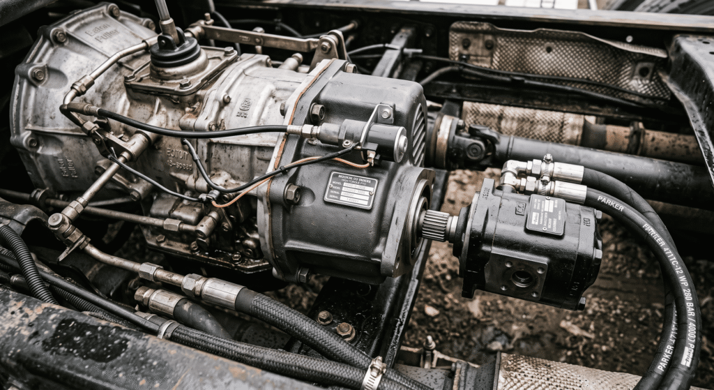 Close-up of a high-torque PTO unit mounted onto a truck manual transmission driving a hydraulic pump