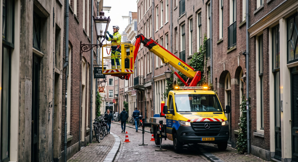Compact articulated truck mounted MEWP performing street light maintenance in a narrow historical city center lane