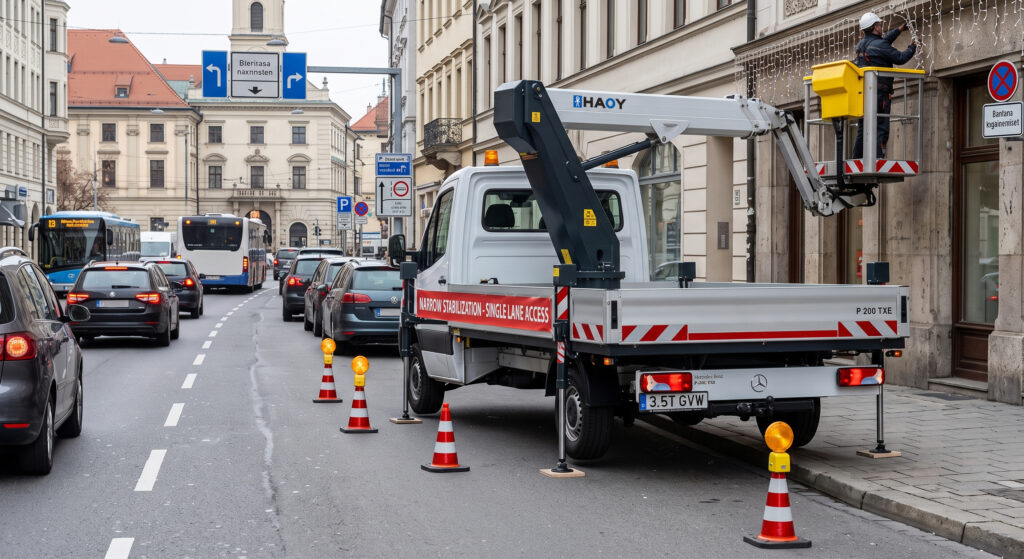 Under 3.5-ton truck mounted MEWP parked within a single traffic lane showing narrow outrigger stabilization setup