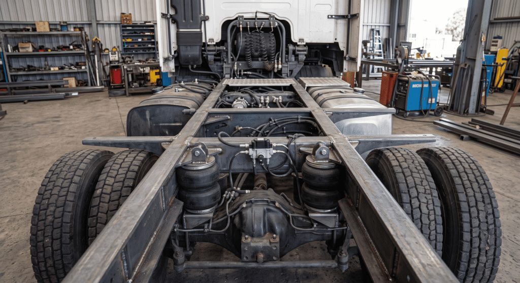 Custom welded high-tensile steel subframe reinforcement running along commercial truck chassis rails