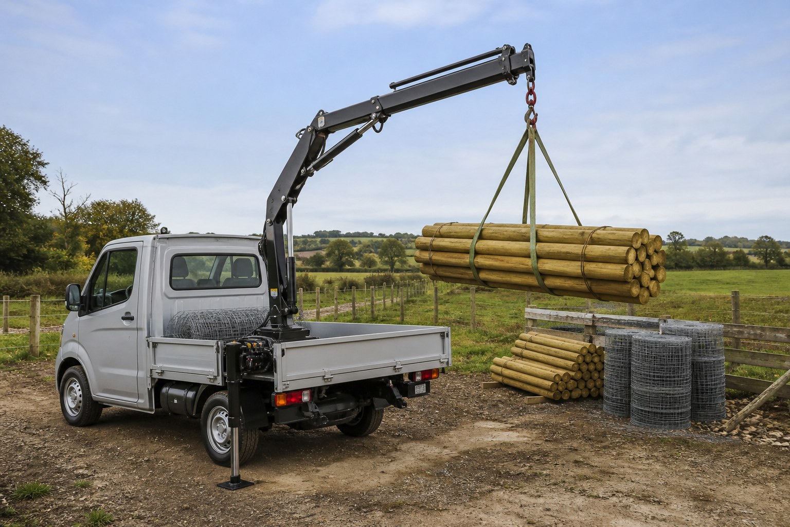 Electric mini truck crane assisting with rural fencing and farm maintenance