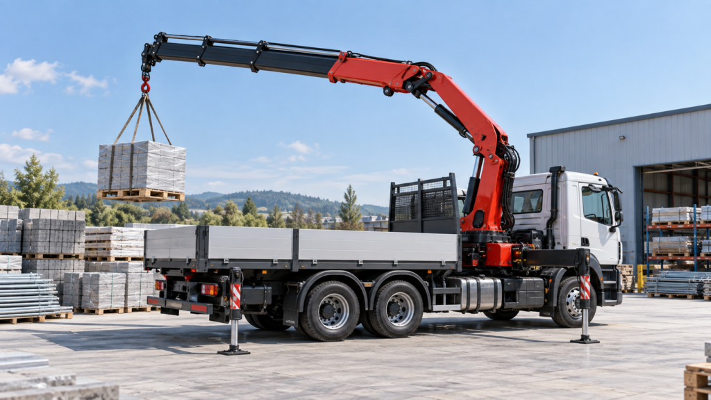 Truck-mounted knuckle boom crane lifting materials at a construction site