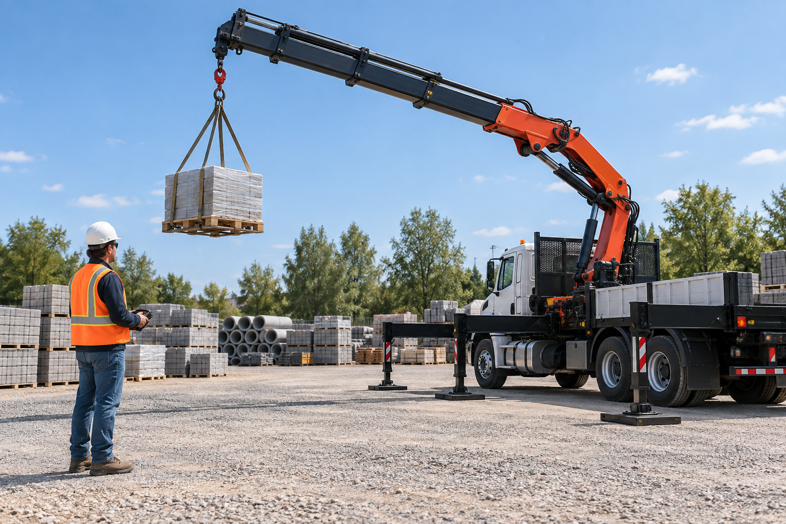 Truck-mounted crane lifting a construction load with an operator using a wireless remote control