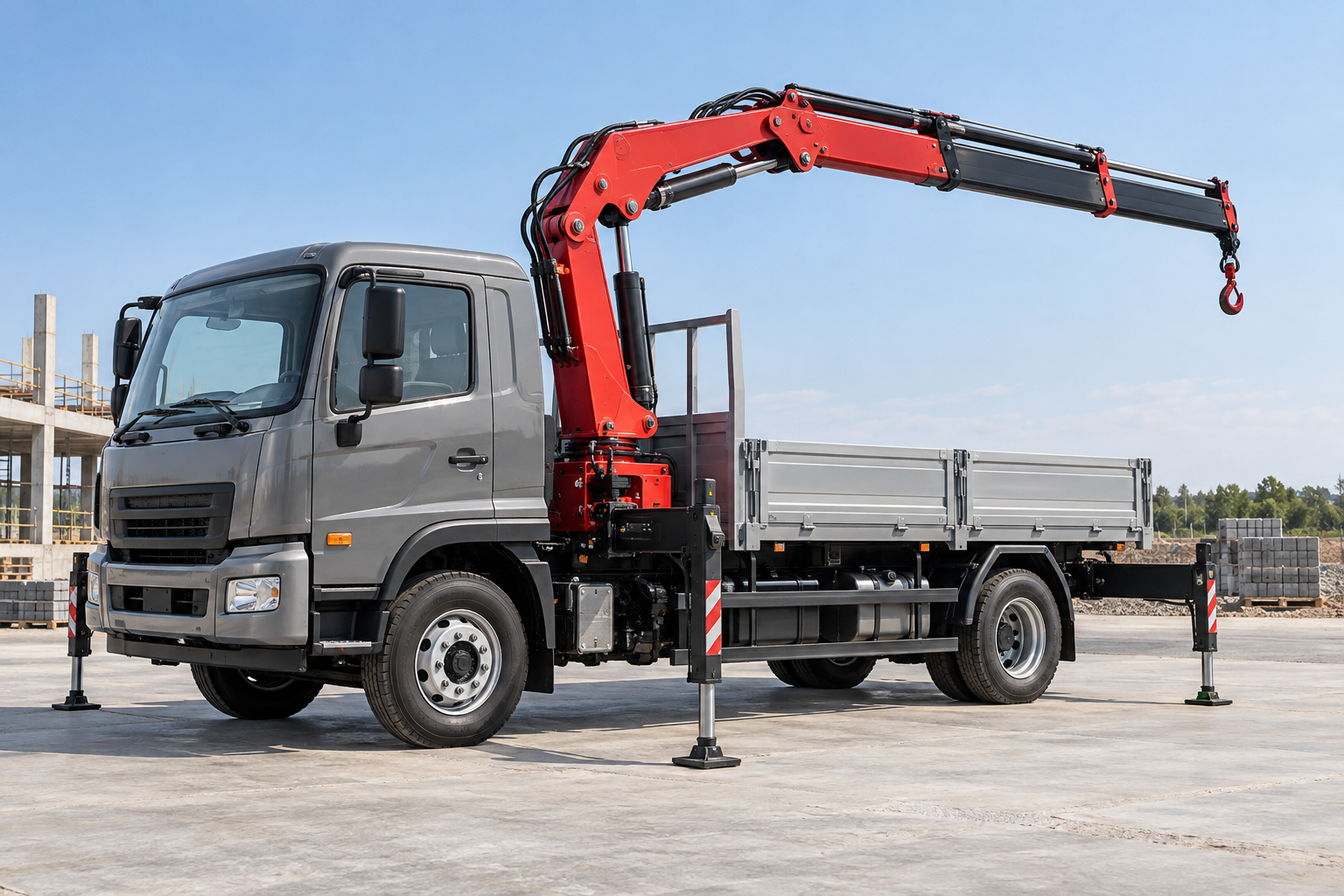Truck-mounted crane correctly matched to a medium-duty truck chassis with outriggers deployed