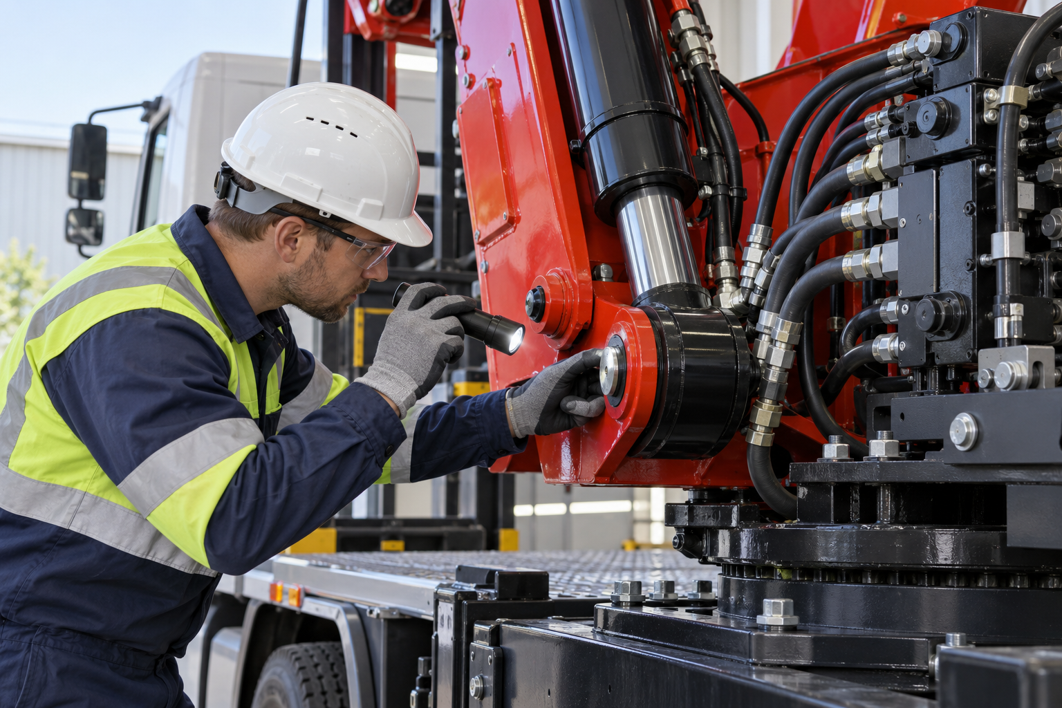 hydraulic leakage inspection after truck mounted crane test
