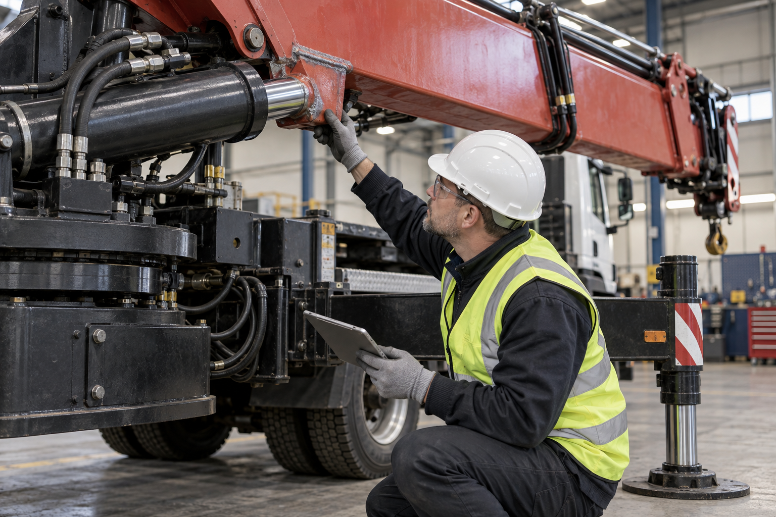 Engineer inspecting truck-mounted crane boom welds and hydraulic components in a workshop
