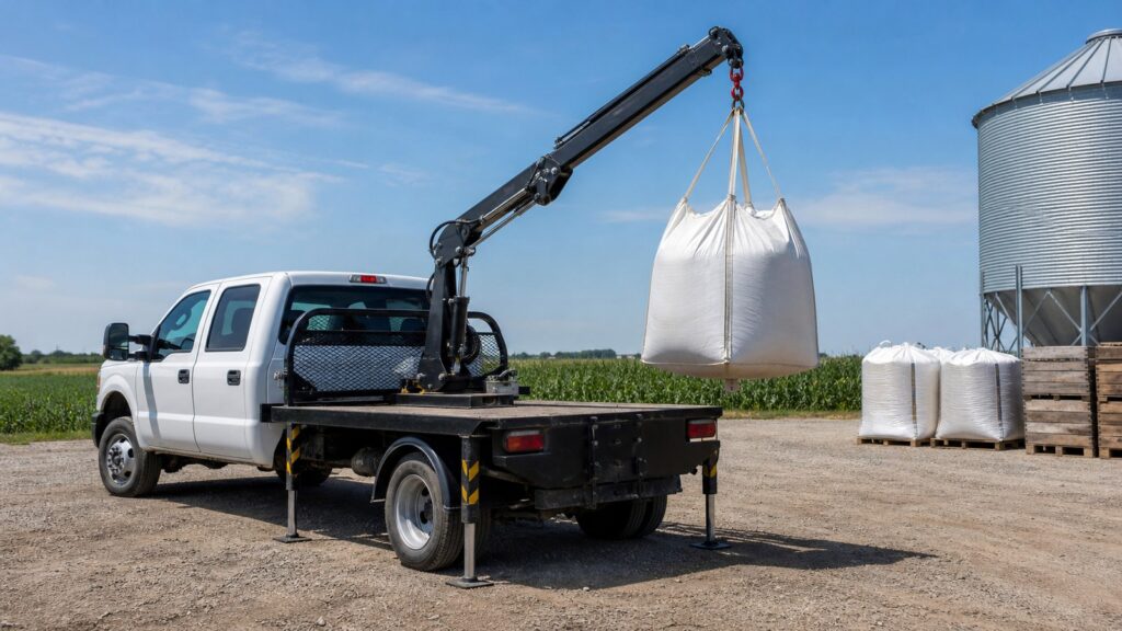 Mini truck crane mounted on a farm utility pickup for light-duty lifting