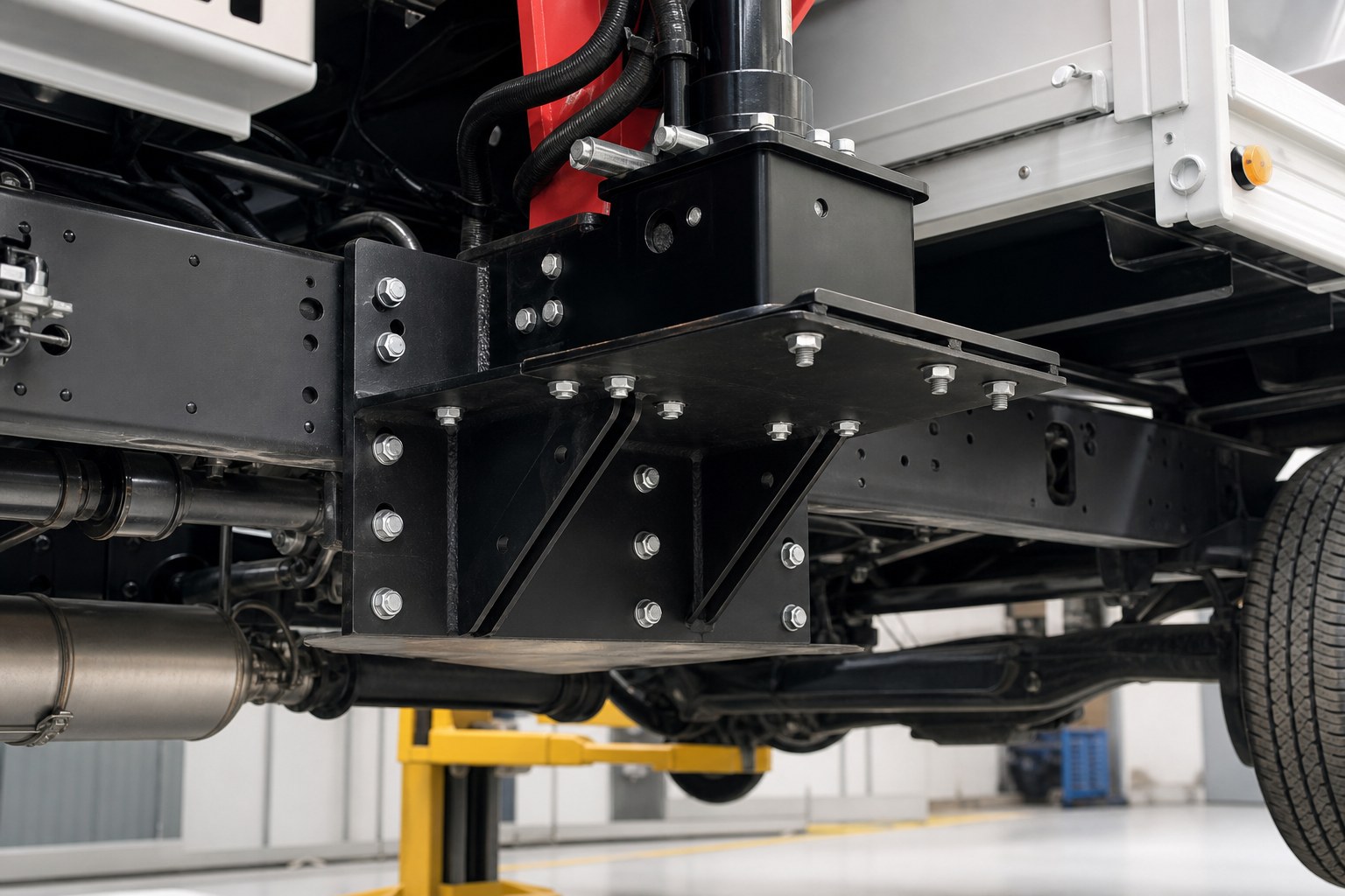 Reinforced subframe mounting for a mini truck crane installation